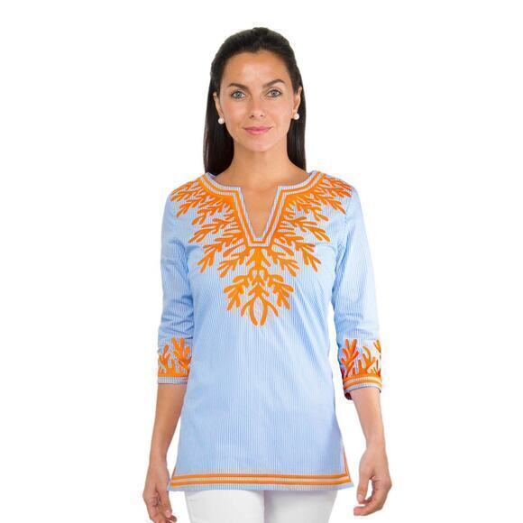 Gretchen Scott Embroidered Pinstripe Tunic The Reef in‎ Blue/ Orange Size Small - Picture 1 of 6
